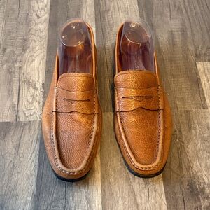 SANTONI ‘ASCOTT’ MENS BRITISH TAN PEBBLED LEATHER PENNY LOAFER SIZE 9.5